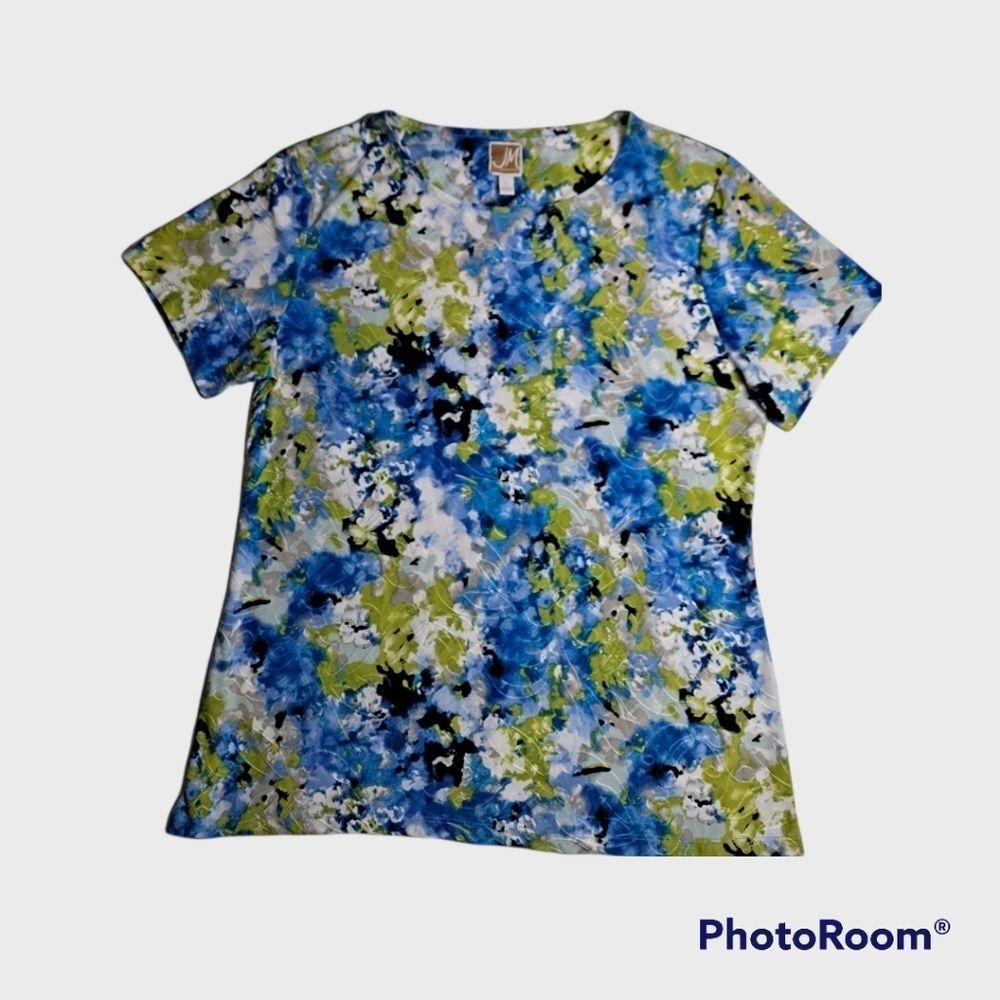 JM Collection Multicolored Textured Short Sleeve Top Large